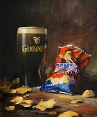 Mat Grogan, Guinness and Tayto, oil on board