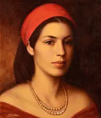 James Cahill, Girl with Red Scarf, oil on canvas on board