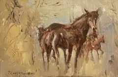 Patrick Copperwhite, Mare and Foal, oil on board
