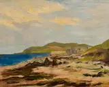 Power O'Malley, Woman on the Beach Overlooking Sea and Headlands, oil on board