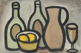 Still Life - Fruit and Wine by Markey Robinson, gouache on board, sold Jun 2024