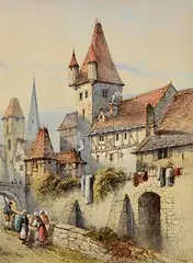 Edwin St. John, Continental Street Scene, watercolour on paper heightened in white