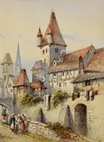 Edwin St. John, Continental Street Scene, watercolour on paper heightened in white