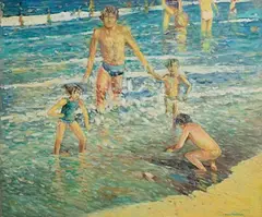 James O'Halloran, Bathers at Kilkee, 1985, oil on canvas board