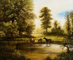 Liam Belton, Horses in Woodland, oil on canvas board