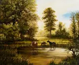 Liam Belton, Horses in Woodland, oil on canvas board