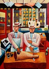 Graham Knuttel, Meanwhile Back at the Ranch - Albert Reynolds & Laurence Goodman, oil on canvas