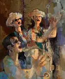 George Campbell, Carol Singers, El Palo, oil on canvas board