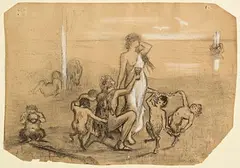 Sarah Purser, Mythological Scene: Goddess And Satyrs With Barque Beyond, black chalk, white chalk on buff coloured paper