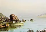 Boats at Sunrise, Garron Point, Antrim by Charles McAuley, oil on canvas, offered May 2024