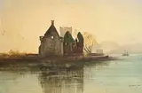 Andrew Nicholl, Castle Ruins and Tall Ship in the Bay, watercolour