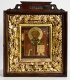 19th Century Russian Icon, St. Nicholas the Thaumaturgus, tempera on oil with gold foil in Kyot