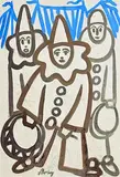 Circus Clowns by Markey Robinson, gouache on paper, sold May 2024