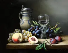 Still Life - Fruit on Table by Brian Davies British, oil on canvas, sold May 2024