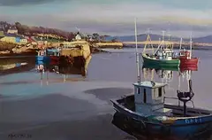 Herring Boats at Roundstone, Connemara by Cecil Maguire, 1992, oil on board, sold Apr 2024