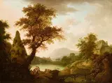 George Mullins, Animated River Landscape, Homestead and Castle Beyond, oil on canvas
