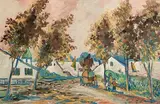 Shawlies in a Coastal Village by Markey Robinson, gouache on board, sold Apr 2024