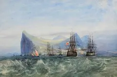 Warships and Feluccas, Off Gibraltar by Andrew Nicholl, watercolour on paper, sold Apr 2024