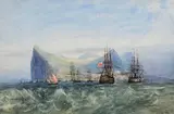 Andrew Nicholl, Warships and Feluccas, Off Gibraltar, watercolour on paper