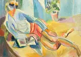 May Guinness, Reading in the Garden, oil on canvas board