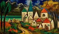 Markey Robinson, Village by the Shore, gouache on board