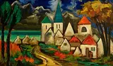 Village by the Shore by Markey Robinson, gouache on board, sold Feb 2024