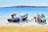 Ivan Sutton, Launching Currachs, Inisheer, Aran Islands, Co. Galway, oil on canvas board
