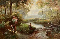 A Young Family By a Riverbank by Eugene Joseph McSwiney, oil on canvas, sold Feb 2024