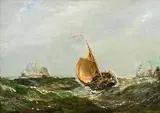 Edwin Hayes, Fishing Boat in Rough Seas, oil on card laid on canvas