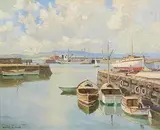Calm Morning, Carrick Harbour, Co. Antrim by Maurice Canning Wilks, oil on canvas, sold Jan 2024