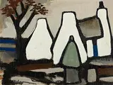 Markey Robinson, Shawlie by the Cottage, gouache on board