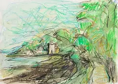 Tower by the Sea by Nancy Wynne-Jones, mixed media on paper, sold Jan 2024