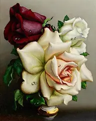 Irene Klestova, Red and White Roses, oil on board