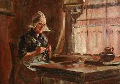 Sydney Kenderick, Breton Woman Knitting by a Window, oil on canvas