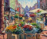 Flower Sellers, Grafton Street by Norman Teeling, oil on board, sold Jan 2024