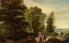Antoine Mirou, Figures in a Wooded Path, oil on panel