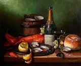 Raymond Campbell British, Still Life - Wine Bottle, Lobster and Oyster
