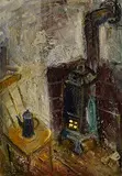 Cottage Interior by George Campbell, oil on board, sold Nov 2023