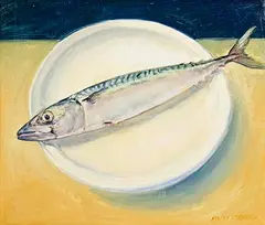 Mackerel (White Plate) by Maeve McCarthy, 2001, oil on board, sold Nov 2023