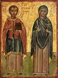 Saints Panteleimon And Paraskevi by 18th Century Greek Icon, tempera on panel, sold Nov 2023