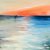 Paula McKinney, Sunset Stroll by the Water's Edge, oil on board