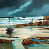 J.P. Rooney, Aran Island Fisherfolk, oil on board