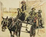 William Conor, Jaunting Car, Main Street, Hillsborough, Co. Down, wax crayon on paper