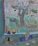 Tony O'Malley, Trevervene Kitchen, Morning Memory, Mr. Harmon (Monica's Father) and Katy the Cat, 1985, oil on card