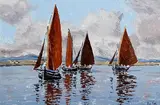 Ivan Sutton, Becalmed Galway Hookers, Carraroe Bay, Co. Galway, oil on canvas board