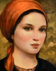 Ken Hamilton, Girl with an Orange Headscarf, oil on board