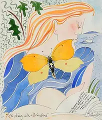 Reading with a Brimstone by Pauline Bewick, 1986, watercolour on paper, sold Oct 2023