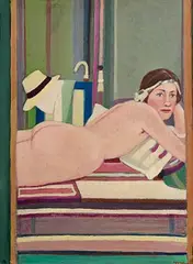 Nude on Bed from 'Pinkie Downey' Series by Jack Donovan, oil on board, sold Oct 2023