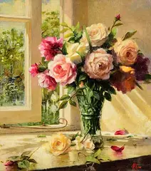 Mat Grogan, Roses in a Glass Vase, oil on canvas laid on board