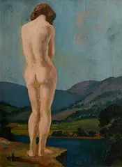 James Sinton Sleator, Female Nude in River Landscape, oil on board